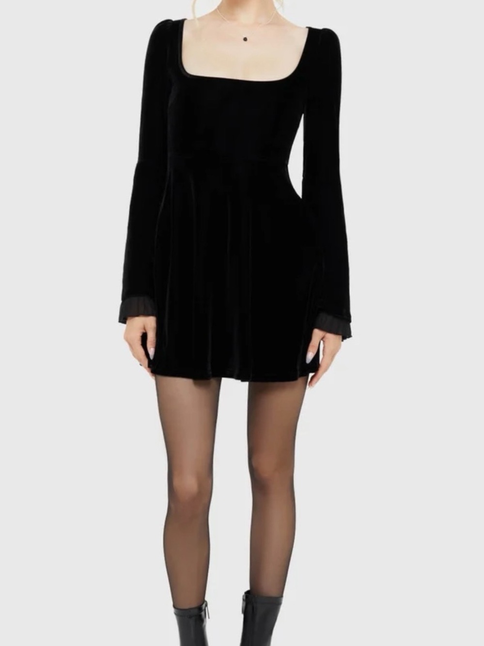 Killstar Black Velvet Square-Neck Long Sleeve Mini Dress